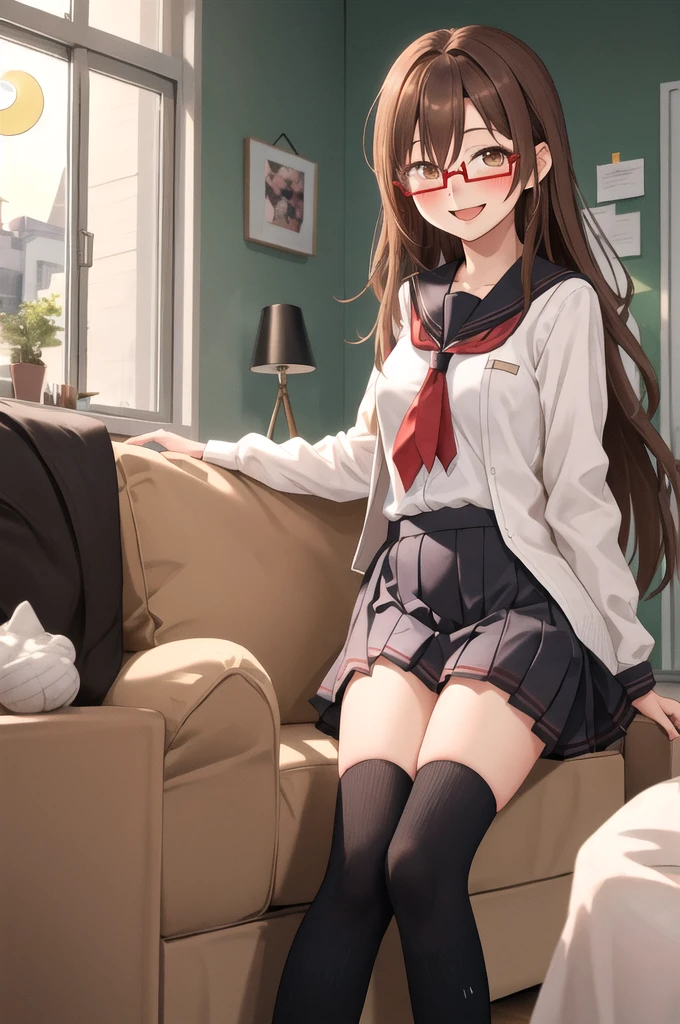 Highest quality, masterpiece, High resolution, alone, {full moon_Fleet Collection:1.15}, Long Hair, Brown Hair, Glasses, brown_eye, red-framed_Glasses, semi-rimless_Glasses, Crescent Moon, black_Seraphim, blush, Under Rim_Glasses, One girl, Closed_eye, Open_mouth, School_uniform, (indoor, office, living room), , blackスカート, ^_^, eggplant, smile