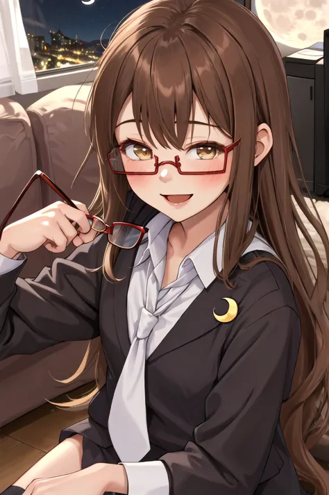 highest quality, masterpiece, high resolution, alone, {full moon_fleet collection:1.15}, long hair, brown hair, glasses, brown_e...