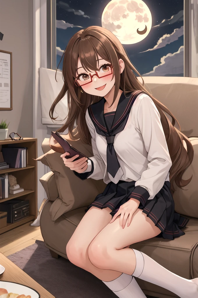 Highest quality, masterpiece, High resolution, alone, {full moon_Fleet Collection:1.15}, Long Hair, Brown Hair, Glasses, brown_eye, red-framed_Glasses, semi-rimless_Glasses, Crescent Moon, black_Seraphim, blush, Under Rim_Glasses, One girl, Closed_eye, Open_mouth, School_uniform, (indoor, office, living room), , blackスカート, ^_^, eggplant, smile