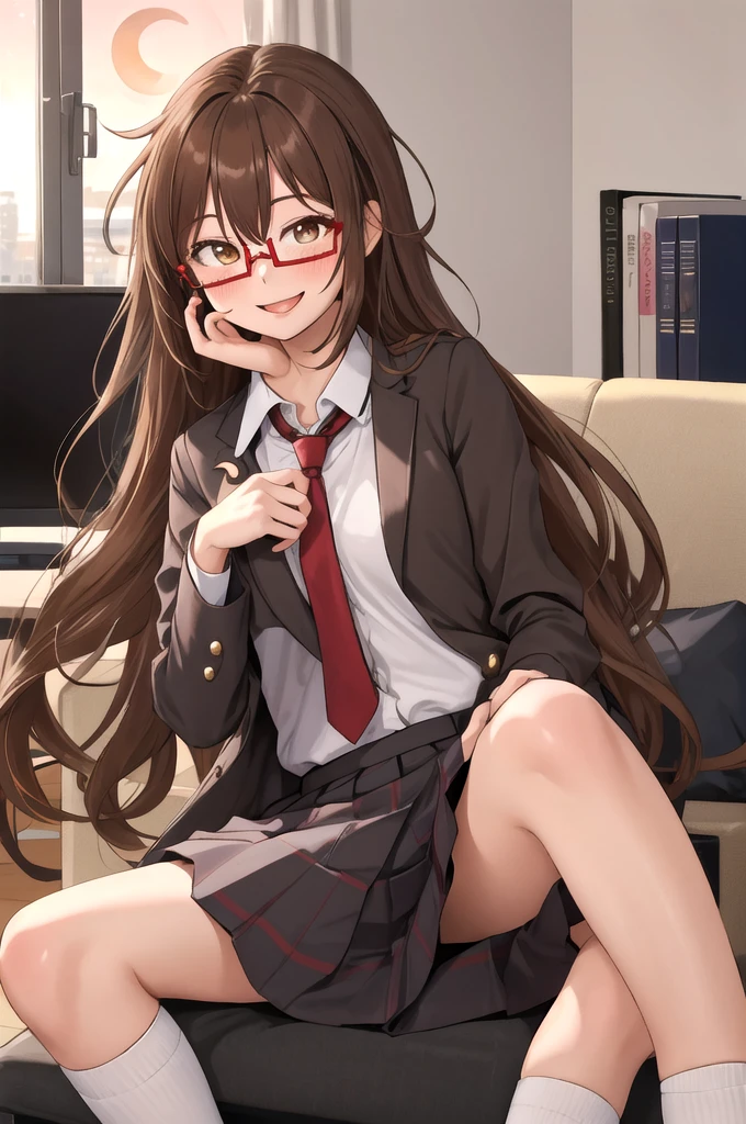 Highest quality, masterpiece, High resolution, alone, {full moon_Fleet Collection:1.15}, Long Hair, Brown Hair, Glasses, brown_eye, red-framed_Glasses, semi-rimless_Glasses, Crescent Moon, black_Seraphim, blush, Under Rim_Glasses, One girl, Closed_eye, Open_mouth, School_uniform, (indoor, office, living room), , blackスカート, ^_^, eggplant, smile(Petite)