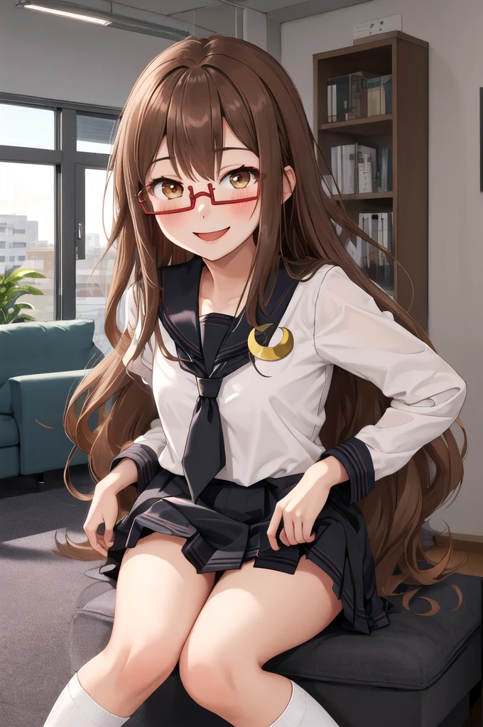 Highest quality, masterpiece, High resolution, alone, {full moon_Fleet Collection:1.15}, Long Hair, Brown Hair, Glasses, brown_eye, red-framed_Glasses, semi-rimless_Glasses, Crescent Moon, black_Seraphim, blush, Under Rim_Glasses, One girl, Closed_eye, Open_mouth, School_uniform, (indoor, office, living room), , blackスカート, ^_^, eggplant, smile(Petite)