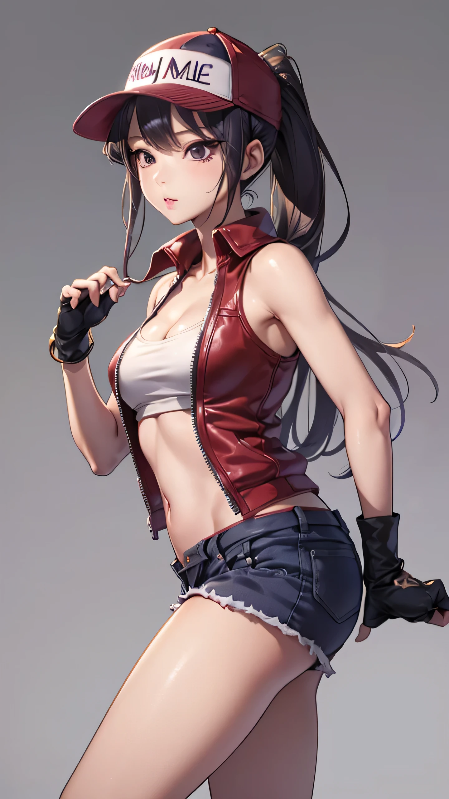 (Komi_shouko), (Meisterwerk), beste Qualität, ausdrucksstarke Augen, perfektes Gesicht, highres, (8k), (perfektes Gesicht), (ultra details), 1 Mädchen, Allein, Terry Bogard Mädchen, lila Haare, Pferdeschwanz, lila Augen, lange Haare, Baseball Kappe, fingerlose Handschuhe, Jeans-Shorts, Schuhe, Erröten, erschrocken, von Schmerz geplagt, Mit offenem Mund, Zimmer Hintergrund, kein Posieren, Stehen, Porträt, sich selbst ansehen