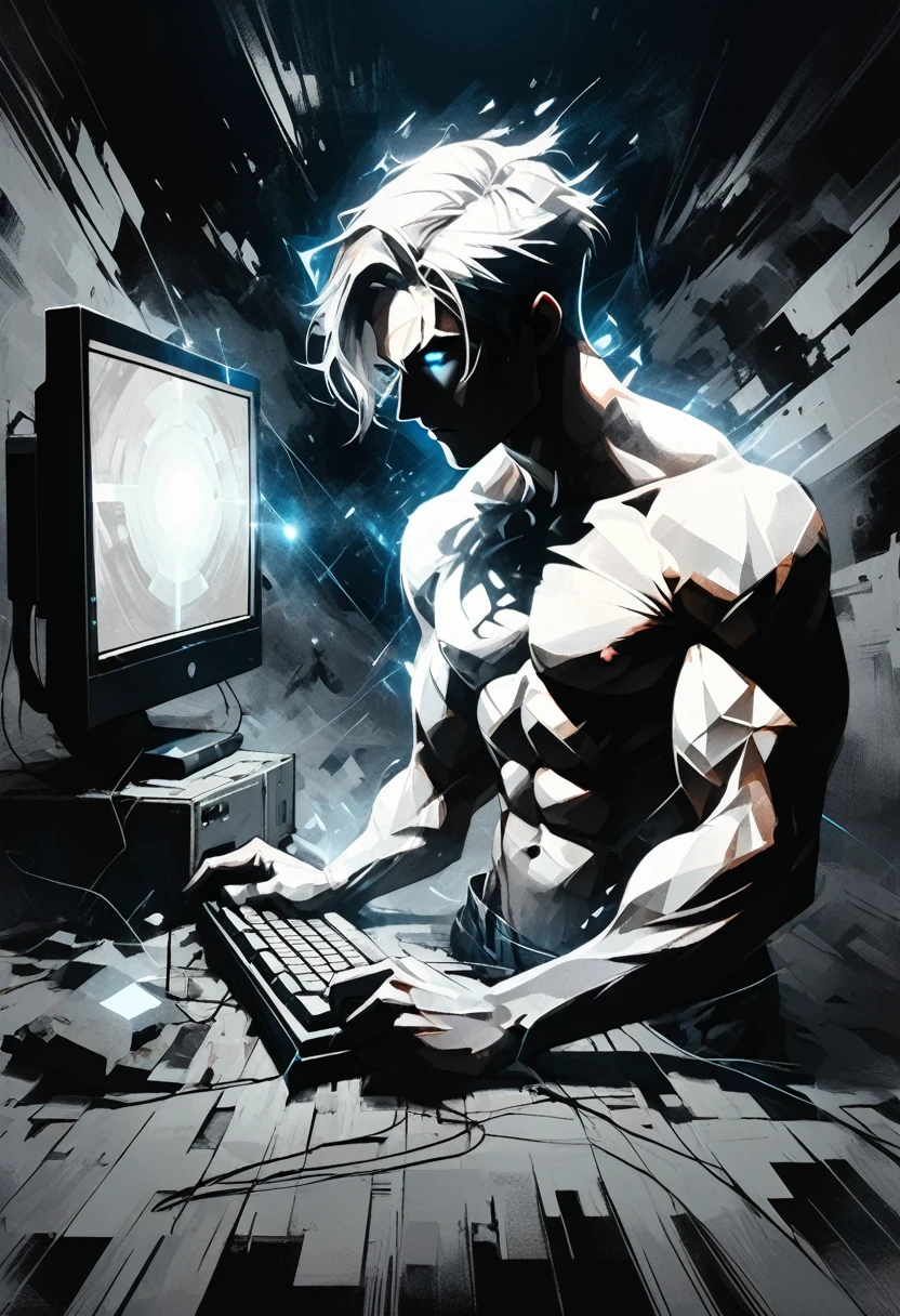 dark atmosphere, deep shadow, shadow, spirit, Young Man holds in his hands the computer, outer space, vishai, geometric composition, Male,  Short gray hair, young white skin, Round glow blue eyes, square faces, anorexic small neck, Thin nude Lips, Bold brown Eyebrows, snub nose, big Shoulders, Muscles, muscular arms legs and breast,  graphic style of novel comics,dark novel style, comic, 2d, 8k, hyperrealism, masterpiece, high resolution, best quality, ultra-detailed, super realistic, Hyperrealistic art, high-quality, ultra high res, highest detailed, lot of details, Extremely high-resolution details, incredibly lifelike, colourful, soft cinematic light,