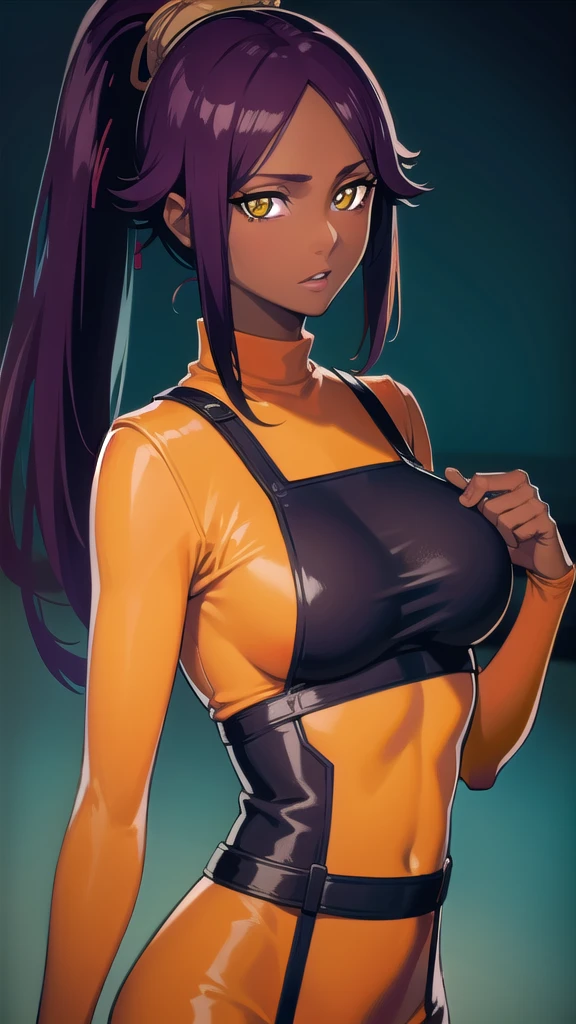 BREAK looking at viewer,BREAK (masterpiece:1.2), best quality, high resolution, unity 8k wallpaper, (illustration:0.8), (beautiful detailed eyes:1.6), extremely detailed face, perfect lighting, extremely detailed CG, (perfect hands, perfect anatomy),yoruichi shihouin, long hair, (yellow eyes:1.5), ponytail, purple hair, dark skin, dark-skinned female,
bodysuit, black bodysuit, bodysuit under clothes, (orange shirt:1.5), long sleeves,