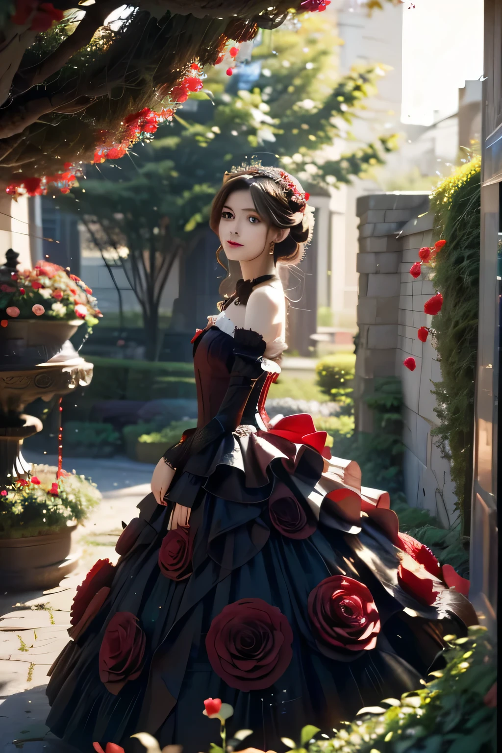 One Woman，Japanese，Brown Hair，Lolita Fashion，{classical lolita}，{Claroly}，Your favorite clothes，Coordination，Portrait，tall，tallロリィタ，Real，Natural，whole body，Headdress，beautiful，{The secluded young lady}，Lady，rose garden，Rose Garden，garden，Roses bloom all around，Real，natural，{ボンネットHeaddress}，{Puff up your skirt with a pannier}，The skirt silhouette is also beautiful.，My favorite dress，Ladylike，grace，race，Frills，