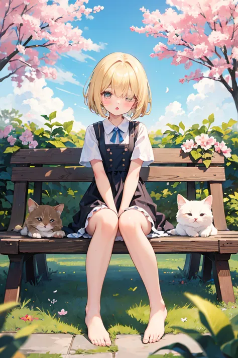 ((solo:1.2)),cute girl sitting on bench in garden,frilled dirndl,from above,looking up,cobblestone pavement,blonde hair,fine bob...