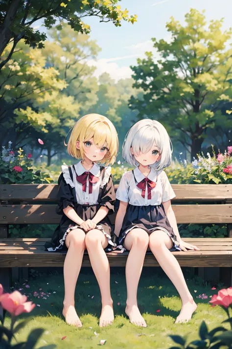 ((2 girls)),cute girl sitting on bench in garden,frilled dirndl,from above,looking up,cobblestone pavement,blonde hair,fine bob ...