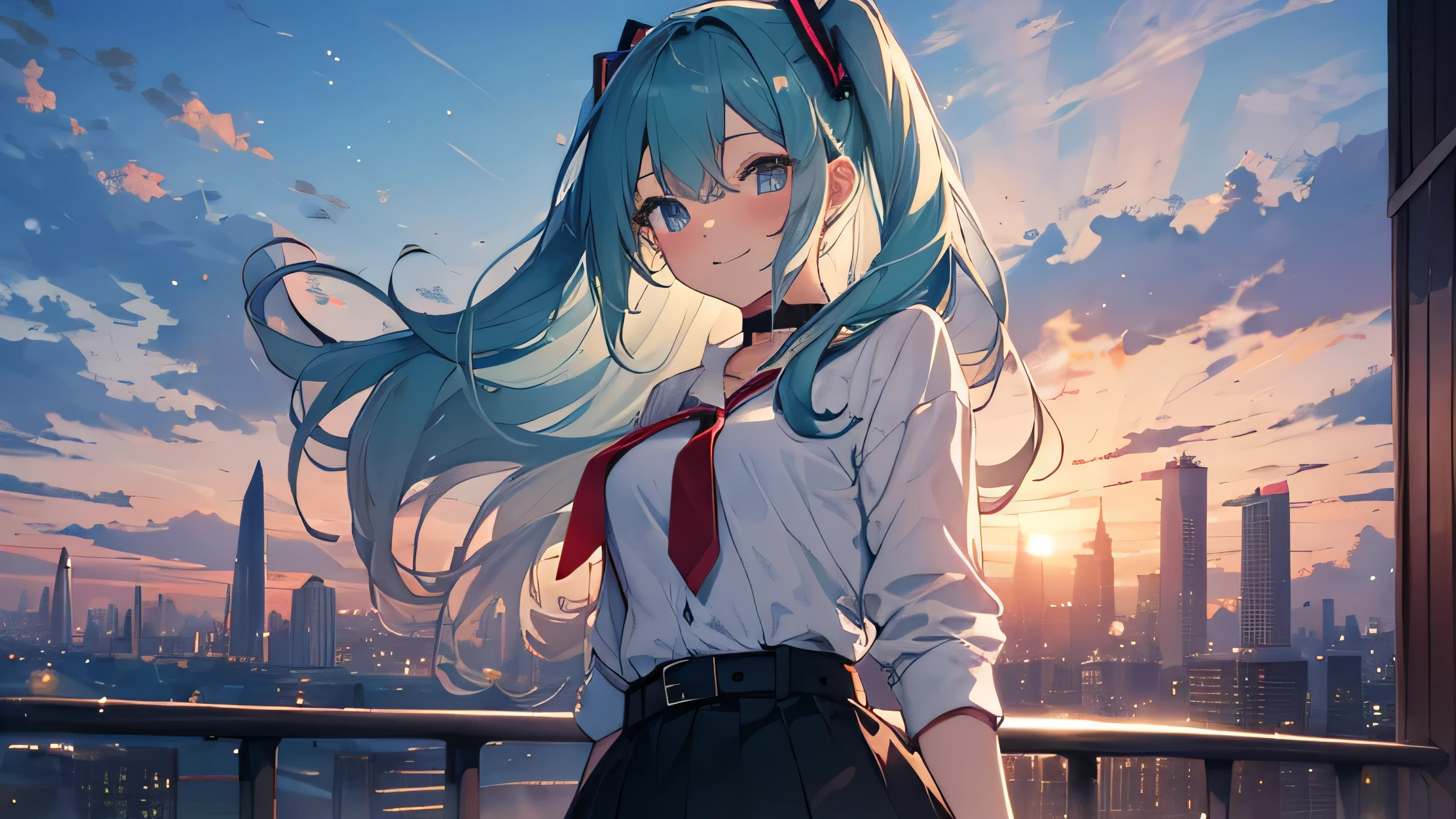 Sohlen, Meisterwerk, Hatsune Miku, 1 Person, Allein, Haarinhalation, Gesicht nach oben, blauer Himmel, glühende weiße Partikel, (Seitenlicht:1.2), sun set, Rosa Wolke, detaillierte Wolken, slender, Schöne kleine Brüste, super süßes Lächeln mit Zähnen, rote Wange, Erröten, schöne grüne Haare, tief strahlend blaue Augen, süße Mädchenpause, HALSBAND, rosa durchsichtige Bluse mit blaugrüner Krawatte, blauer Rock , white belt, auf dem Dach des Gebäudes, super detaillierter schöner Stadtansichthintergrund, Weitwinkelaufnahme, zwinkern