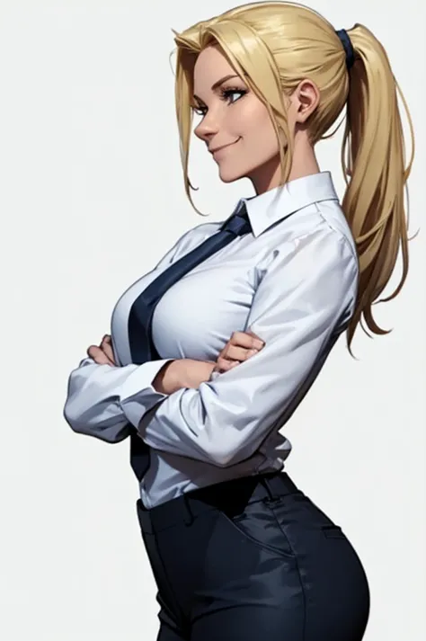 woman, style marvel comics, side view, kind smile, face at the viewer, arms crossed over her chest, hair in a ponytail, blonde h...