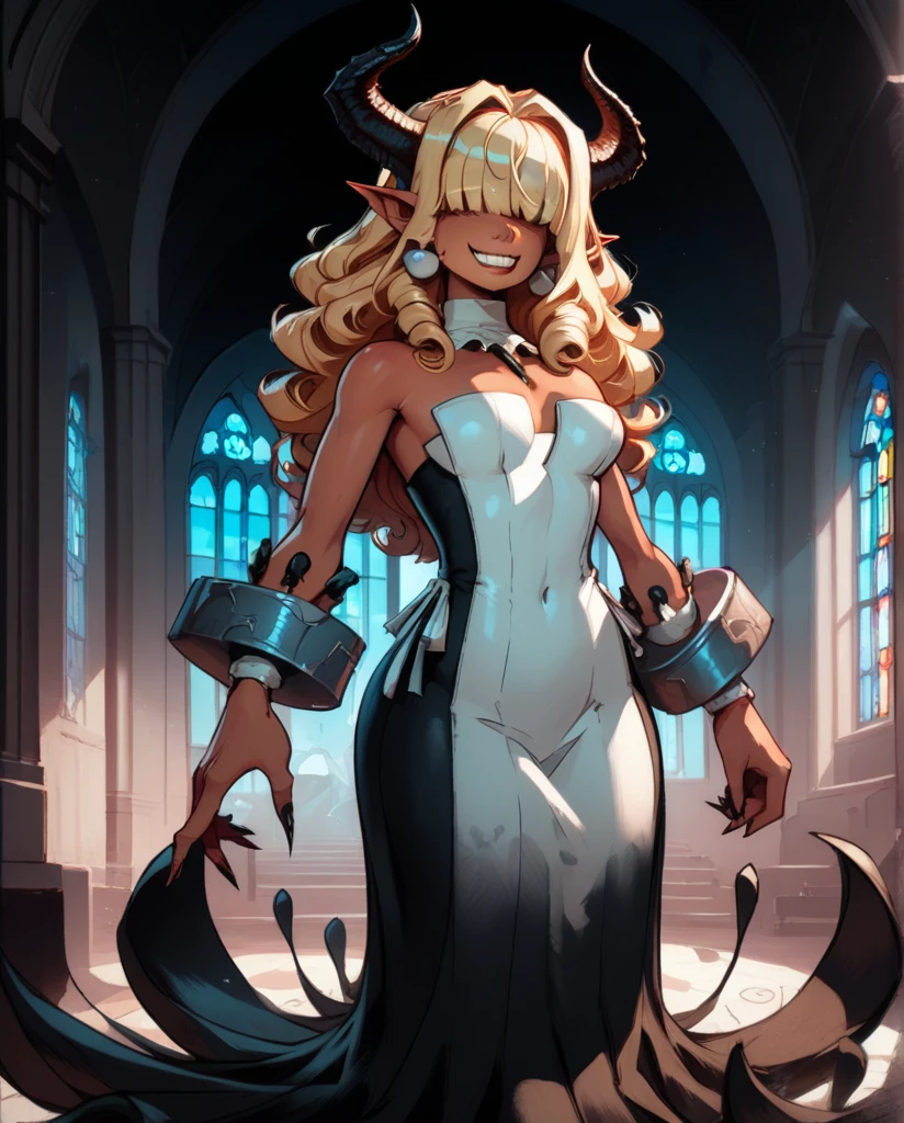 score_9,score_8_up,score_7_up,
Clergyxl,pointy ears,hair over eyes, curly ginger hair big breast,smile,teeth,long hair,hips,
bare shoulders,red strapless dress,pearl earrings,wrist cuffs,wristband,neck brace,
church,underworld,She has tan skin, she has heterochomria iridium, her left eye is orange, and her right eye is yellow, she has long horns on her head that curve into a heart, she has long curly ginger hair with curly bangs thag cover her eyes, she is  yet cruvy, she dresses in reds and blacks, wearing a tight dress, and platform heels.