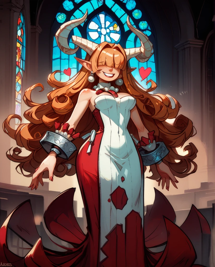 score_9,score_8_up,score_7_up,
Clergyxl,pointy ears,hair over eyes, curly ginger hair big breast,smile,teeth,long hair,hips,
bare shoulders,red strapless dress,pearl earrings,wrist cuffs,wristband,neck brace,
church,underworld,She has tan skin, she has heterochomria iridium, her left eye is orange, and her right eye is yellow, she has long horns on her head that curve into a heart, she has long curly ginger hair with curly bangs thag cover her eyes, she is  yet cruvy, she dresses in reds and blacks, wearing a tight dress, and platform heels.