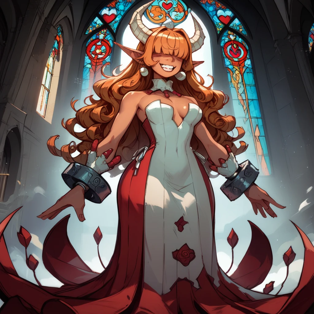 score_9,score_8_up,score_7_up,
Clergyxl,pointy ears,hair over eyes, curly ginger hair big breast,smile,teeth,long hair,hips,
bare shoulders,red strapless dress,pearl earrings,wrist cuffs,wristband,neck brace,
church,underworld,She has tan skin, she has heterochomria iridium, her left eye is orange, and her right eye is yellow, she has long horns on her head that curve into a heart, she has long curly ginger hair with curly bangs thag cover her eyes, she is  yet cruvy, she dresses in reds and blacks, wearing a tight dress, and platform heels.