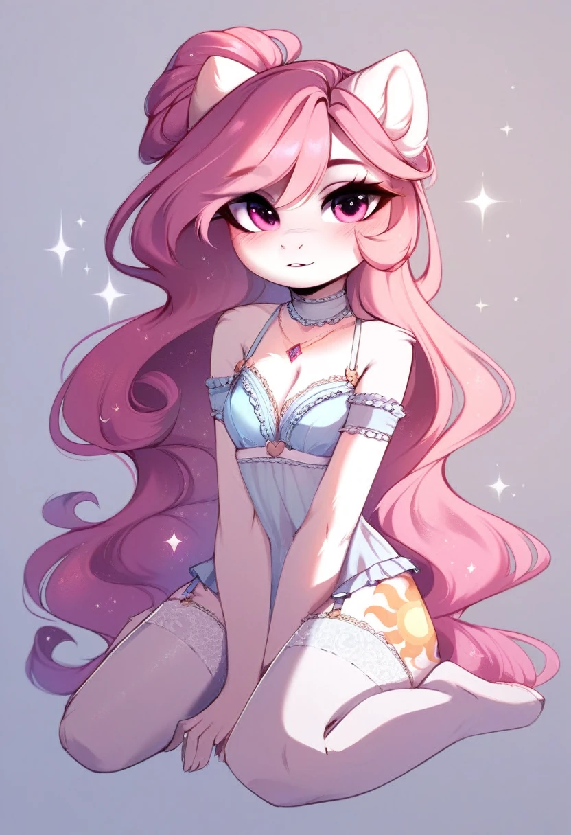 check_9, check_8_up, check_7_up, source_fluffy, rating_safe, from Magnaluna, Celestia poses seductively in a white bedroom, hair bun with bangs, pink eyes, white body, anthro, blushing, wearing goldern lingerie, full body