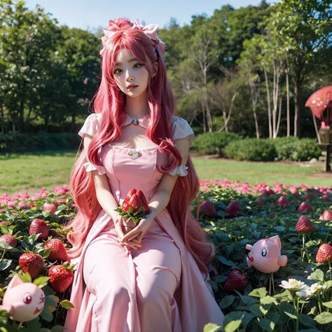 araffe girl with pink hair sitting in a field of strawberries, belle delphine, red wig, anime girl cosplay, anime barbie doll, a...