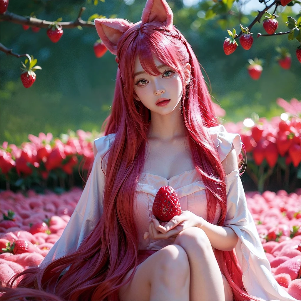 
Chica araffe con cabello rosa sentada en un campo de fresas, bella delfina, peluca roja, cosplay chica anime, muñeca barbie animada, chica anime en la vida real, hada, hermoso estilo anime, pelo rosa rizado, pelo largo y rosa que fluye, estilo de color rosa y rojo, peinado kawaii, cosplay anime, hermosa niña alienígena rosa, con cabello rojo rizado, ojos verdes, usando un lindo moño para el cabello, fondo rosa, rostro claro