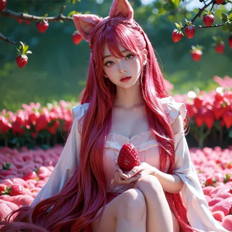 
araffe girl with pink hair sitting in a field of strawberries, belle delphine, red wig, anime girl cosplay, anime barbie doll, ...