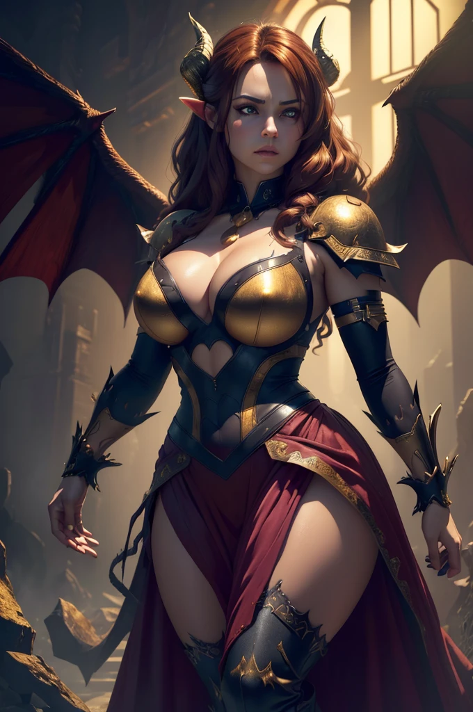 a light skinned woman with a semi round face, golden eyes,golden eyes,golden eyes,golden eyes,golden eyes,golden eyes,golden eyes,golden eyes,golden eyes, broken demon wings, demon tail, horns, brown hair, wearing a cute pink gothic dress, (best quality,4k,8k,highres,masterpiece:1.2),ultra-detailed,(realistic,photorealistic,photo-realistic:1.37),fantasy,horror,dark fantasy,digital art, intricate details,highly detailed,dramatic lighting,cinematic,moody atmosphere,rich textures
