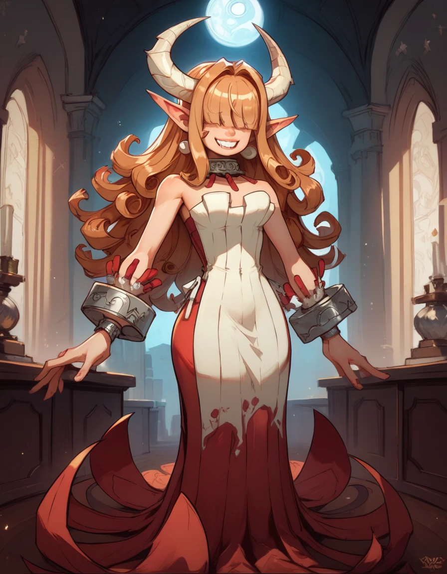 score_9,score_8_up,score_7_up,
Clergyxl,pointy ears,hair over eyes, curly ginger hair big breast,smile,teeth,long hair,hips,
bare shoulders,red strapless dress,pearl earrings,wrist cuffs,wristband, Metal collar,
bedroom, summoned, looking at viewerShe has tan skin, she has heterochomria iridium, her left eye is orange, and her right eye is yellow, she has long horns on her head that curve into a heart, she has long curly ginger hair with curly bangs thag cover her eyes, she is  yet cruvy, she dresses in reds and blacks, wearing a tight dress, and platform heels.