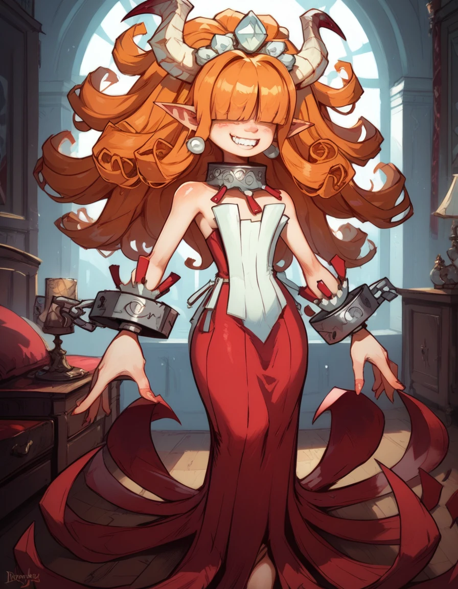 score_9,score_8_up,score_7_up,
Clergyxl,pointy ears,hair over eyes, curly ginger hair big breast,smile,teeth,long hair,hips,
bare shoulders,red strapless dress,pearl earrings,wrist cuffs,wristband, Metal collar,
bedroom, summoned, looking at viewerShe has tan skin, she has heterochomria iridium, her left eye is orange, and her right eye is yellow, she has long horns on her head that curve into a heart, she has long curly ginger hair with curly bangs thag cover her eyes, she is  yet cruvy, she dresses in reds and blacks, wearing a tight dress, and platform heels.