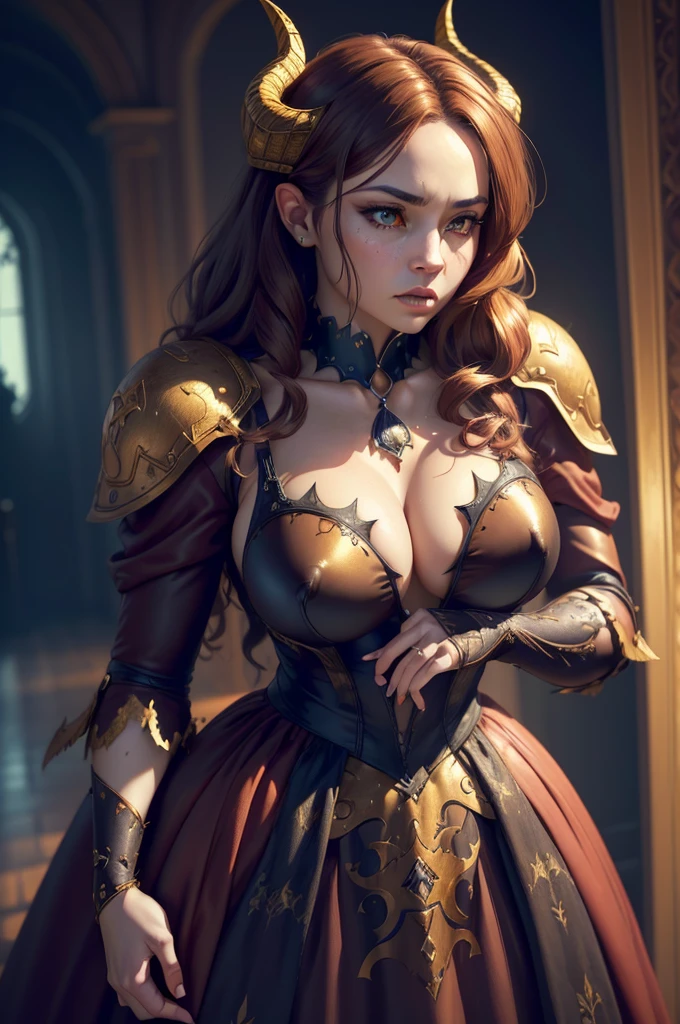 a light skinned woman with a semi round face, golden eyes,golden eyes,golden eyes,golden eyes,golden eyes,golden eyes,golden eyes,golden eyes,golden eyes, broken demon wings, demon tail, horns, brown hair, wearing a cute pink gothic dress, (best quality,4k,8k,highres,masterpiece:1.2),ultra-detailed,(realistic,photorealistic,photo-realistic:1.37),fantasy,horror,dark fantasy,digital art, intricate details,highly detailed,dramatic lighting,cinematic,moody atmosphere,rich textures
