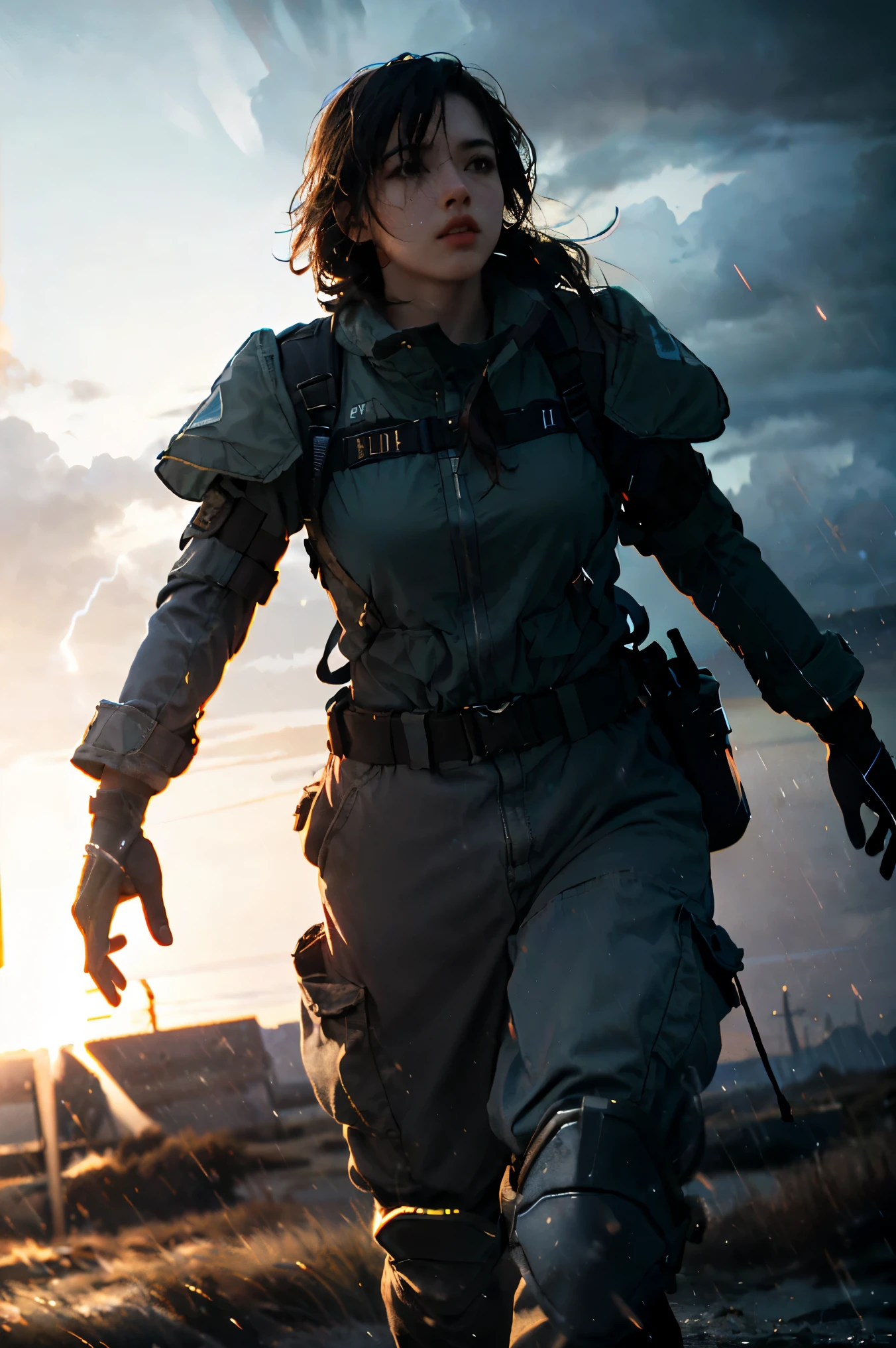 Tempête、Une femme soldat en uniforme de combat au loin、, Surréalisme, Éclairage cinématographique, UHD, Anatomiquement correct, primé, Meilleure qualité, haute résolution, 8k