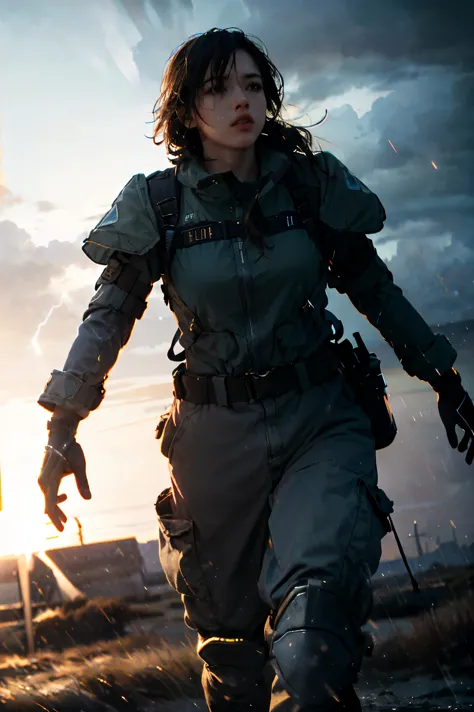 storm、A female soldier in combat uniform in the distance、, Surrealism, cinematic lighting, UHD, anatomically correct, award winn...