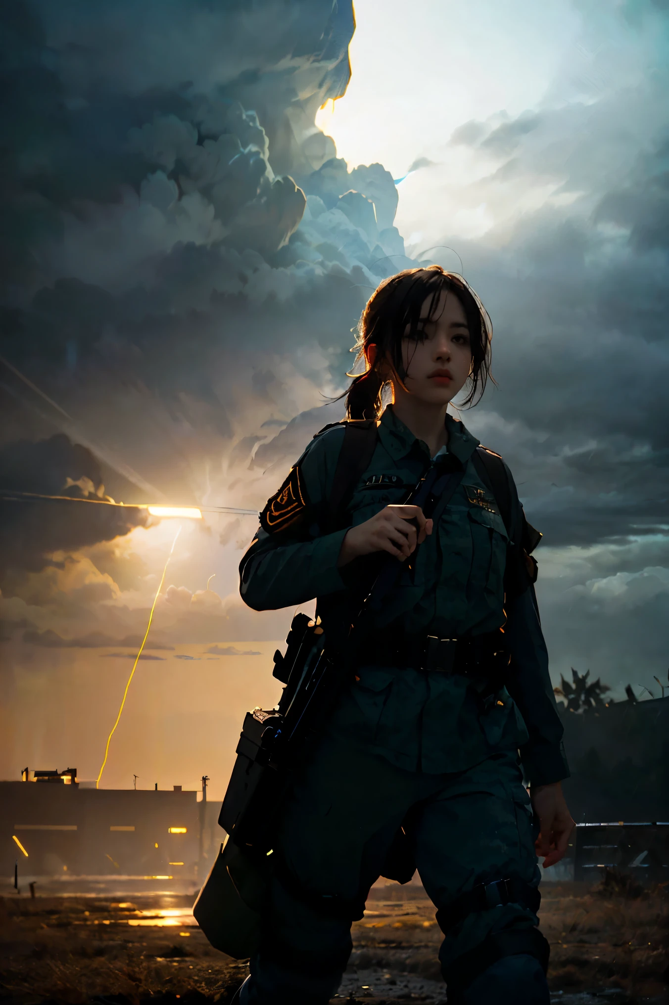 storm、A female soldier in combat uniform in the distance、, Surrealism, cinematic lighting, UHD, anatomically correct, award winning, best quality, highres, 8k