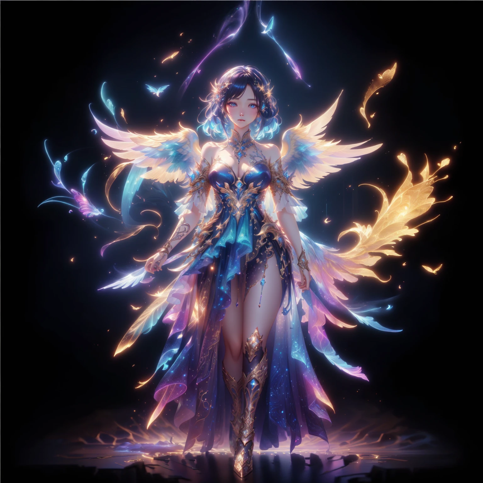 A woman with wings and a body full of gold, Fantasy art style, By Yang J, Ethereal wings, High quality 8K detailed artwork., Like a mysterious Valkyrie, digital fantasy art ), angel on the star, Intricate, elegant cgi anime style., Ethereal fantasy, 2. 5d cgi anime fantasy artwork, Ross Tran 8 g, fantasy anime illustration, Ross Tran and WLOP , blue eyes