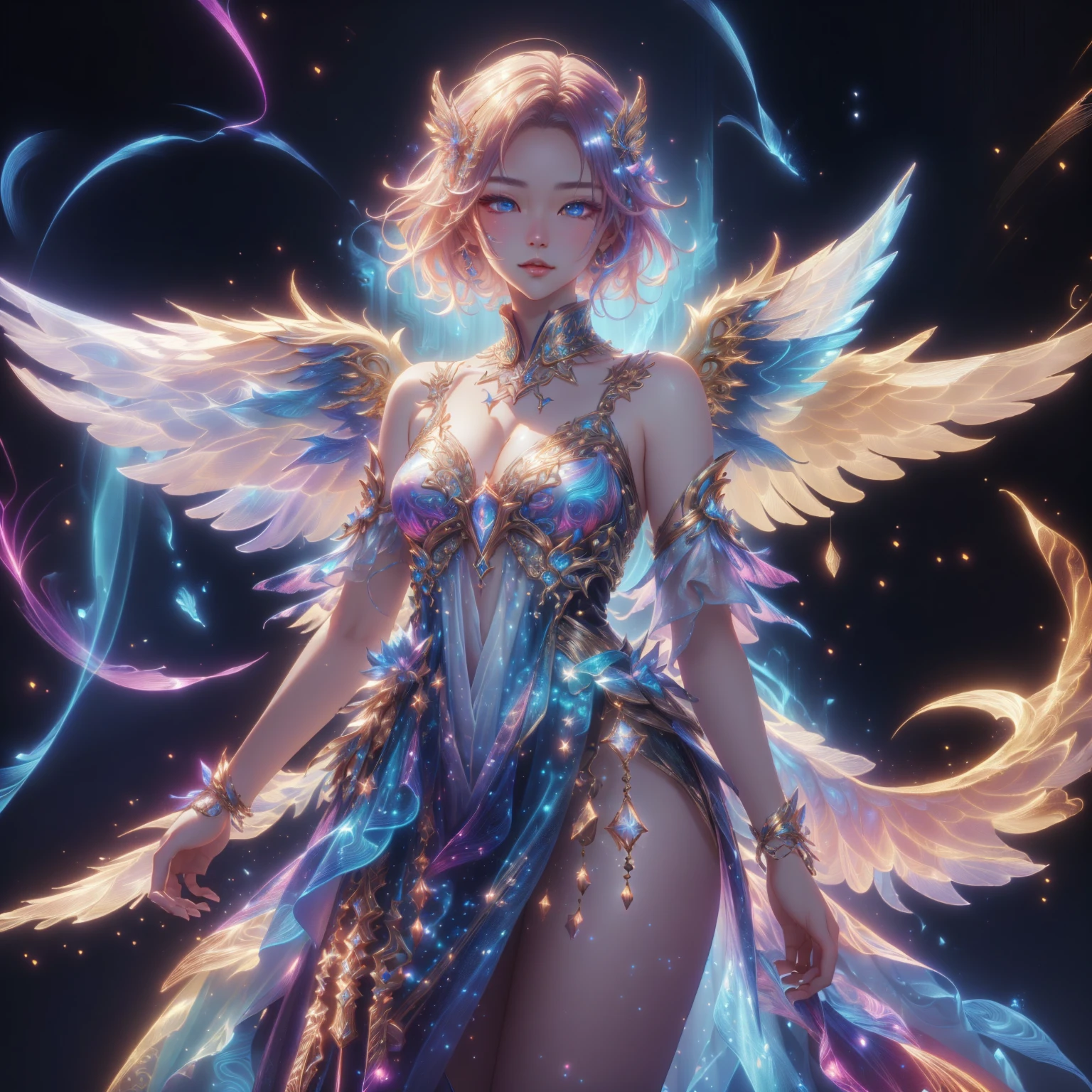 A woman with wings and a body full of gold, Fantasy art style, By Yang J, Ethereal wings, High quality 8K detailed artwork., Like a mysterious Valkyrie, digital fantasy art ), angel on the star, Intricate, elegant cgi anime style., Ethereal fantasy, 2. 5d cgi anime fantasy artwork, Ross Tran 8 g, fantasy anime illustration, Ross Tran and WLOP , blue eyes