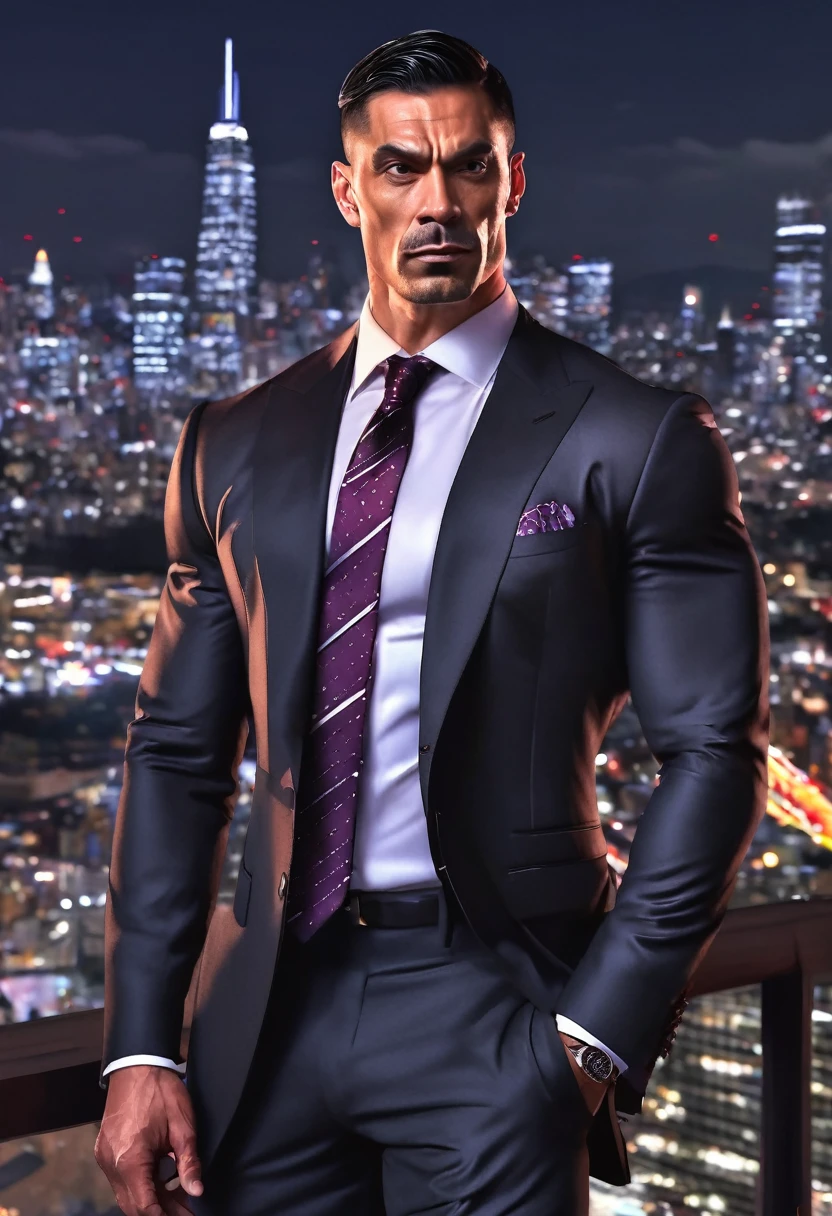 (absurdres, highres, ultra detailed, realistic, ), 1 male, solo, adult, mature, tall muscular guy, broad shoulders, handsome, very short hair, black hair, brown eyes, angular jaw, thick neck, thick eyebrows, night, dark, the night view of the city background, formal suit, necktie, upper body