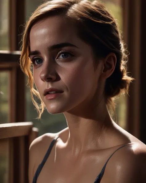 Emma Watson,((wearing nothing, naked)), outdoor, denim, oversized t-shirt, ((sharp face, detailed face, realistic face, naturtal...