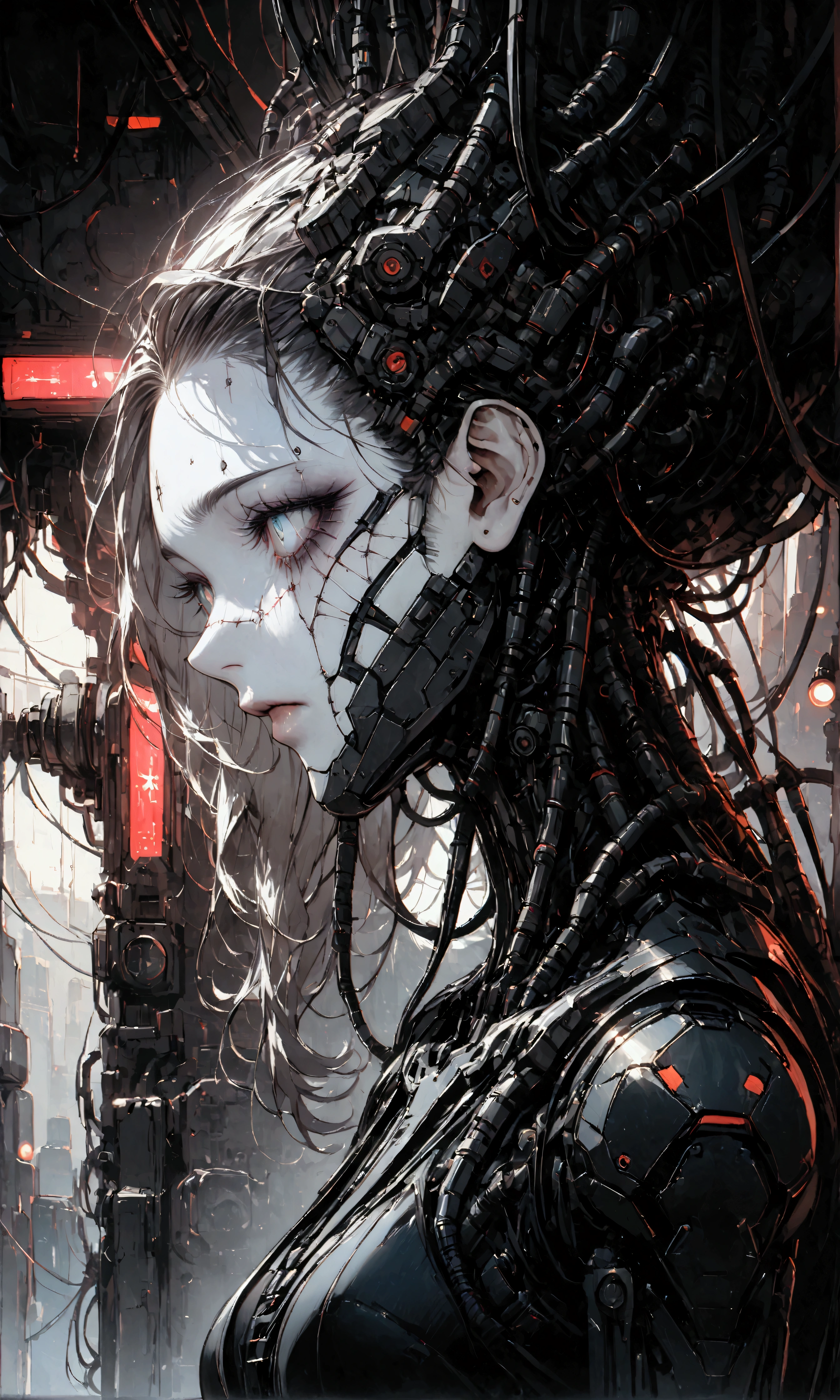 1 boy,1 cyborg, dark cyberpunk aesthetic, tall and thin, with an upright and threatening posture, covered in black and dark metallic armor, futuristic combat suit, many details with a mixture of advanced technology with biomechanical elements, face and head with very white skin pale and cracked with marked veins, marked scars on her face, leaving only her eyes and a part of her forehead exposed, Her eyes cut like a snake, dark and penetrating, adding a sense of danger and mystery, The character is covered in cables and mechanical components, especially in the arms and torso, The cables hang and tangle around his body, giving an impression of technological and biomechanical complexity, there are articulated metal segments and technological pieces that look like part of an armor or exoskeleton,