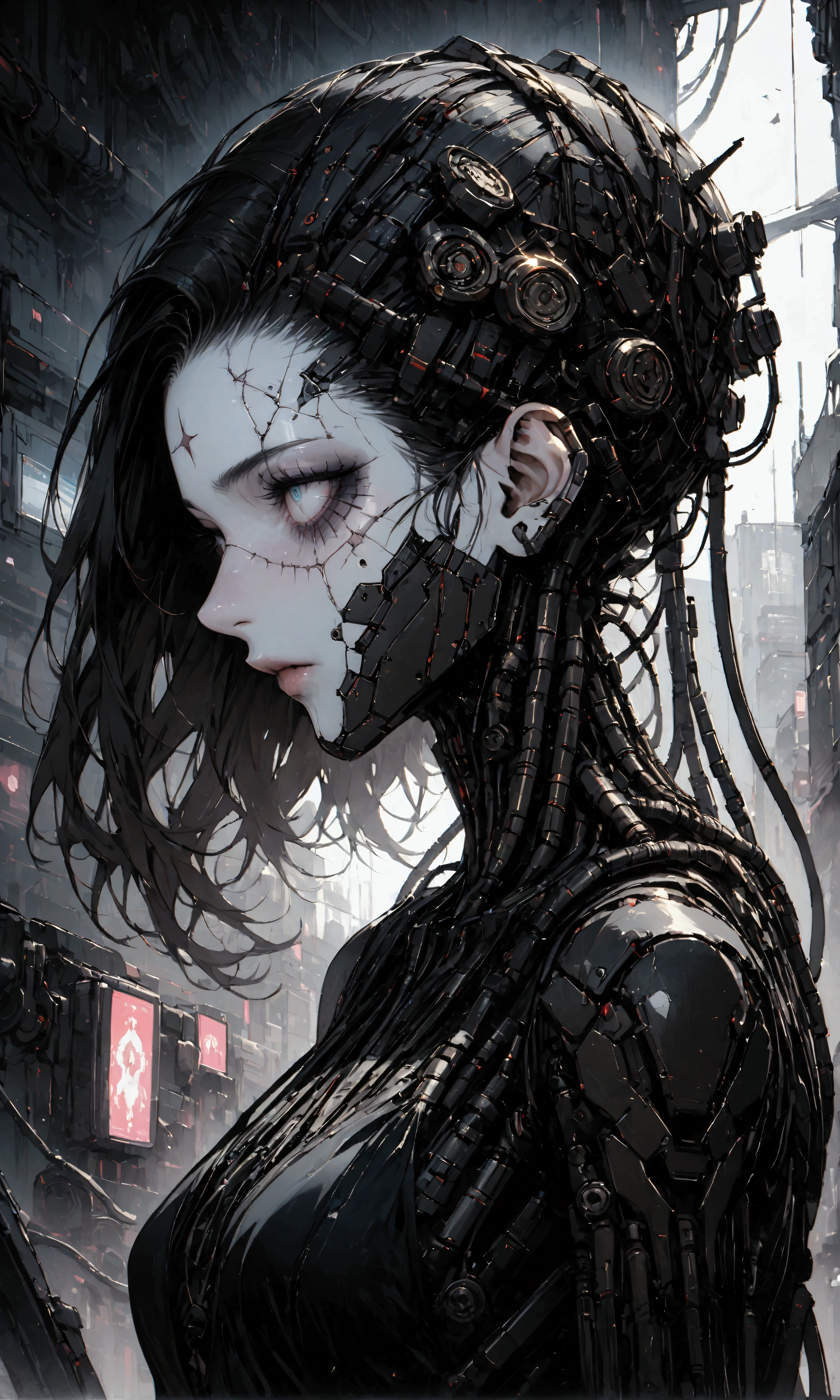 1 boy,1 cyborg, dark cyberpunk aesthetic, tall and thin, with an upright and threatening posture, covered in black and dark metallic armor, futuristic combat suit, many details with a mixture of advanced technology with biomechanical elements, face and head with very white skin pale and cracked with marked veins, marked scars on her face, leaving only her eyes and a part of her forehead exposed, Her eyes cut like a snake, dark and penetrating, adding a sense of danger and mystery, The character is covered in cables and mechanical components, especially in the arms and torso, The cables hang and tangle around his body, giving an impression of technological and biomechanical complexity, there are articulated metal segments and technological pieces that look like part of an armor or exoskeleton,