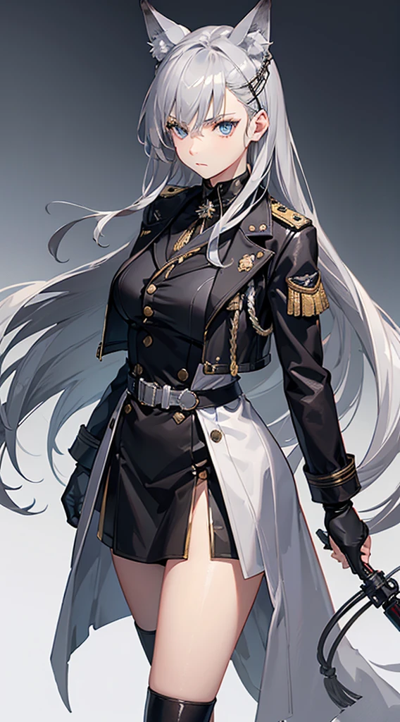 (best quality, realistic), 1girl, silver hair, jacket, wolf ears, coat, military uniform, original, blue eyes, standing, looking at viewer, serious expression, large breasts, long hair