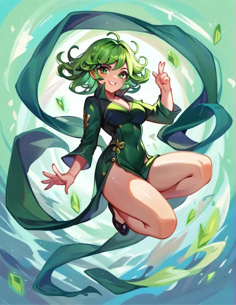 a picture of a young woman, big breast, light smile, full portrait, floating in the air with a green aura