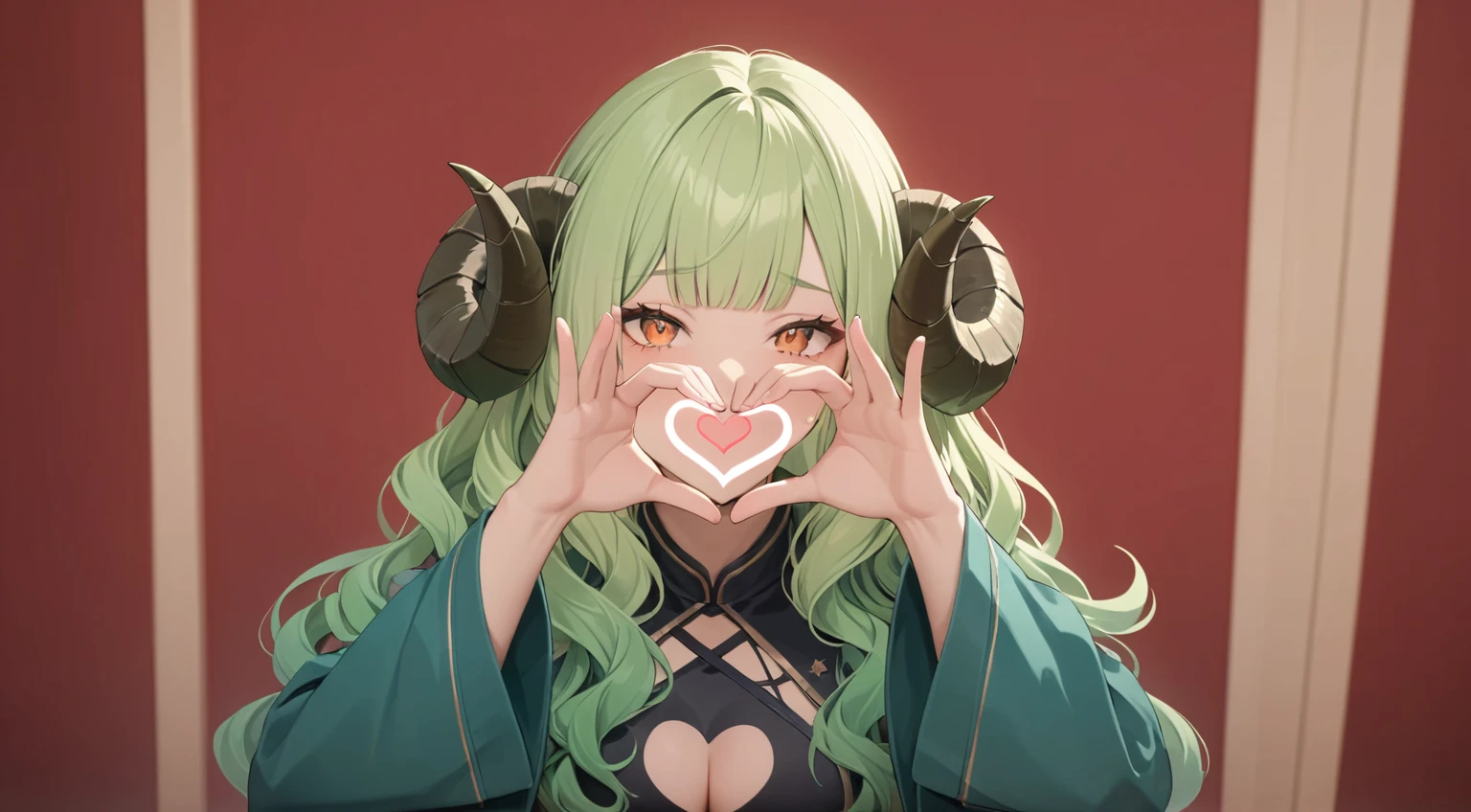 (((masterpiece))), (((best quality))), ((ultra-detailed)), (((heart hands))), hands in front of the face in the pose of the heart, 1girl, green wavy hair, bangs, metal sheep horns, Аhoge Leaf, gradient hair, multicolored hair, light green hair, turquoise hair tips, gradient eyes, orange eyes