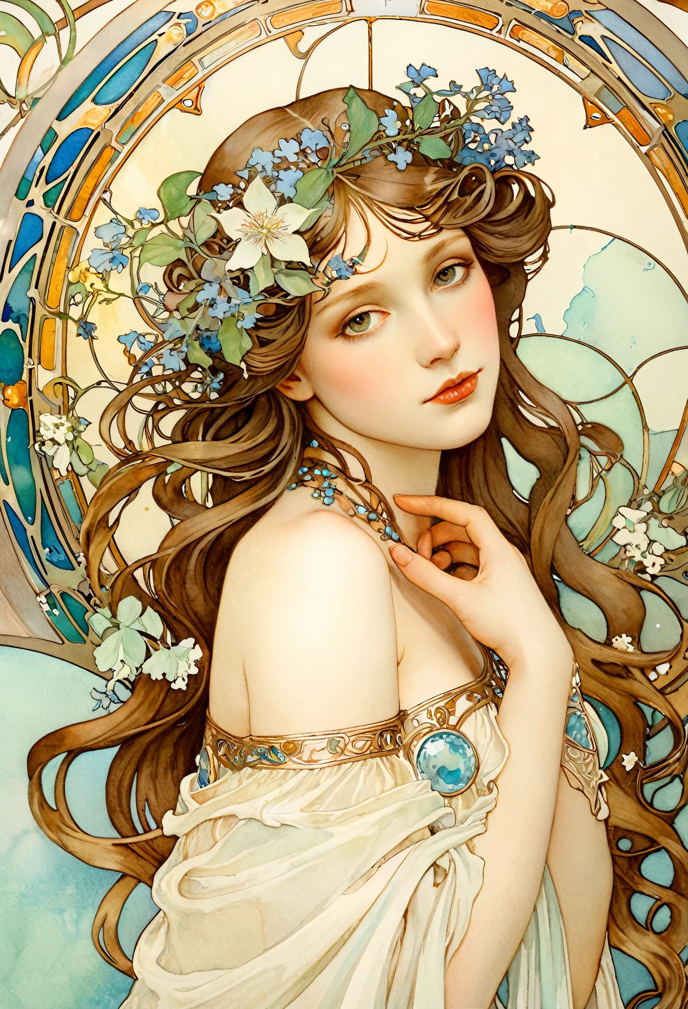 Depicts a beautiful woman with flowers in her hair、Highly detailed watercolor painting, The style of Alfons Maria Mucha and Gustav Kirmut, Art Nouveau accents, Fairy Princess, Anthropomorphic woman, Female figure, Detailed cover artwork, As the Flower Goddess, Alphonse Mucha, Gustav Klimt, Pale skin, Marble sculpture, society, Gothic art, Art Nouveau, Behance Contest Winner