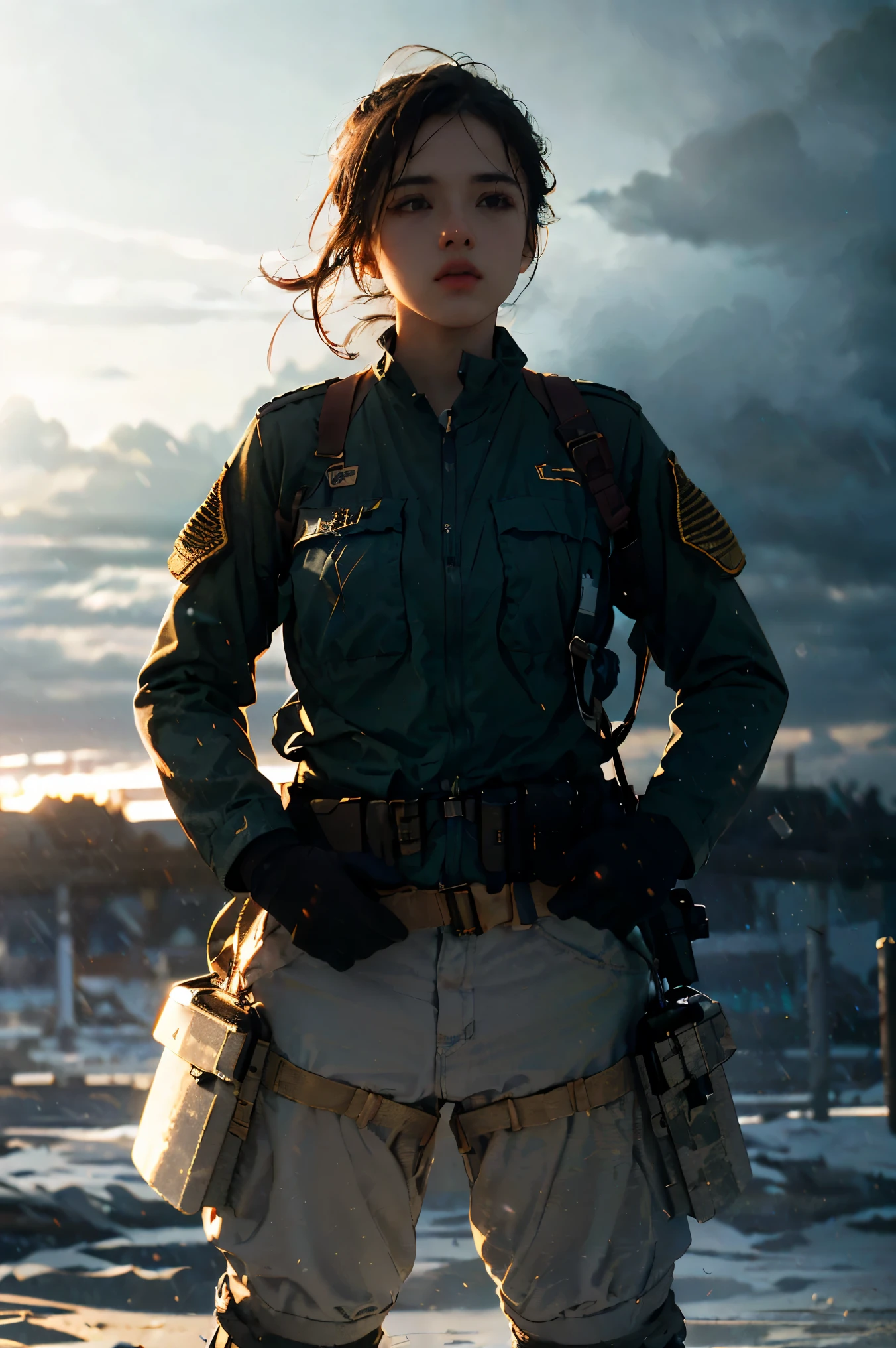 Sturm、Eine Soldatin in Kampfuniform in der Ferne、, Surrealismus, filmische Beleuchtung, UHD, anatomisch korrekt, preisgekrönt, beste Qualität, highres, 8k