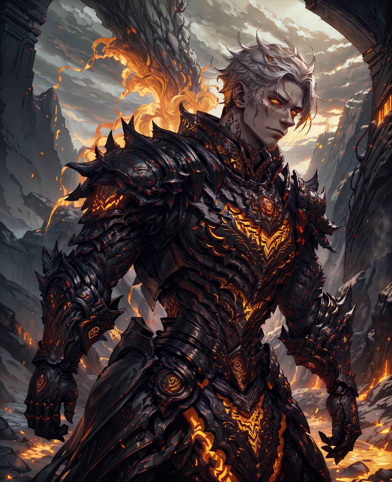 a young man with white hair, piercing yellow eyes, wearing black infernal armor, intricate details, hyper-realistic, dramatic lighting, ethereal, cinematic, dark fantasy, dramatic shadows, moody atmosphere