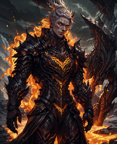 a young man with white hair, piercing yellow eyes, wearing black infernal armor, intricate details, hyper-realistic, dramatic li...