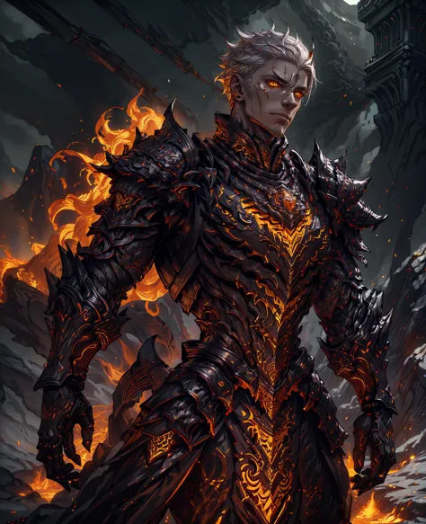 a young man with white hair, piercing yellow eyes, wearing black infernal armor, intricate details, hyper-realistic, dramatic li...