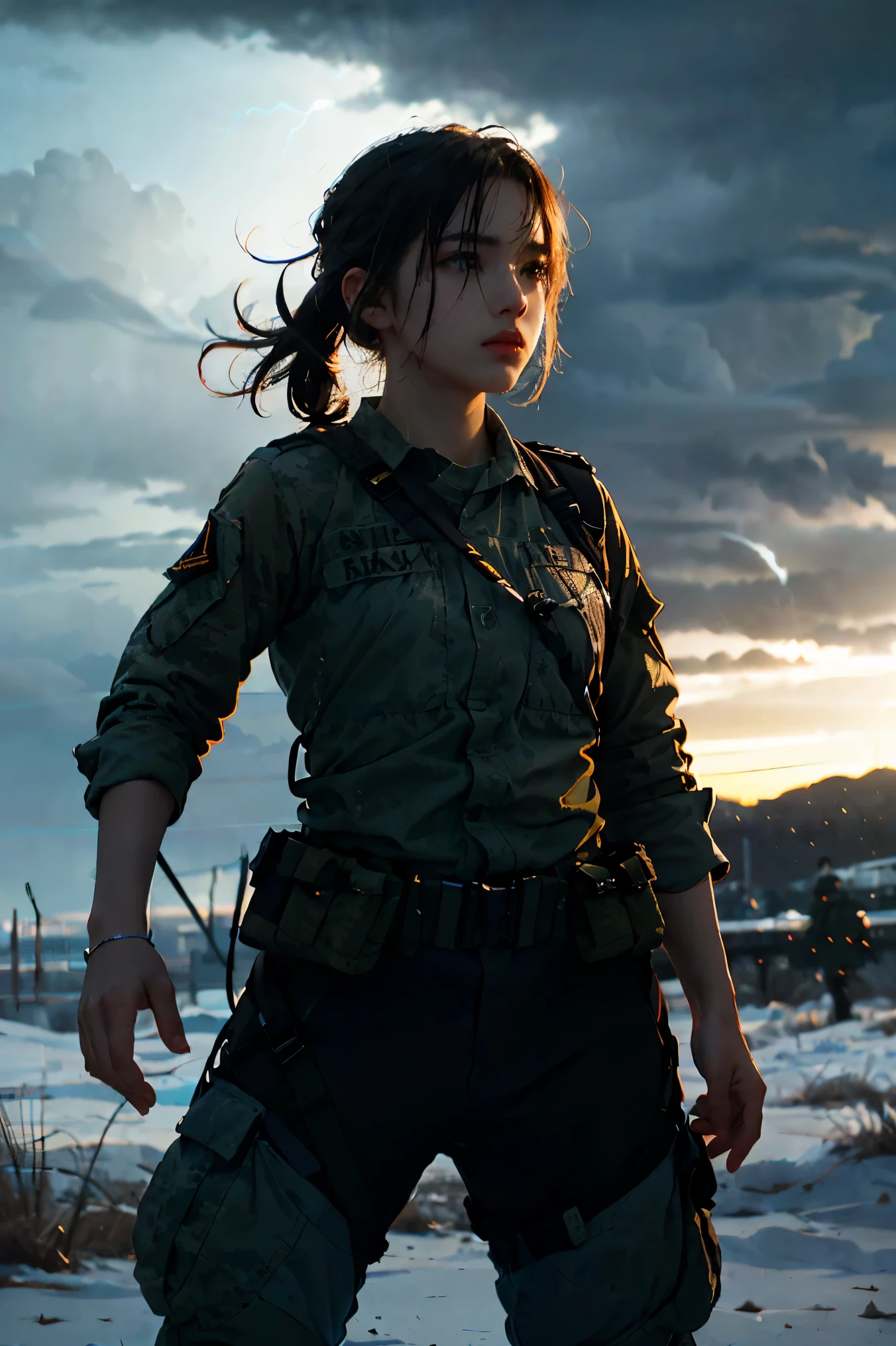 storm、A female soldier in combat uniform in the distance、, Surrealism, cinematic lighting, UHD, anatomically correct, award winning, best quality, highres, 8k