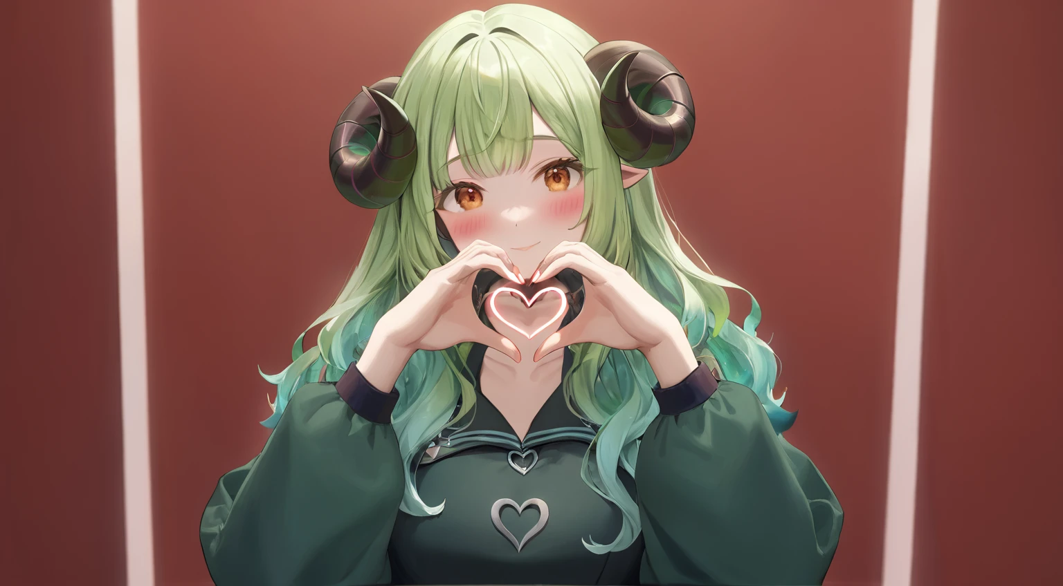 (((masterpiece))), (((best quality))), ((ultra-detailed)), (((heart hands))), hands in front of the face in the pose of the heart, 1girl, green wavy hair, bangs, metal sheep horns, Аhoge Leaf, gradient hair, multicolored hair, light green hair, turquoise hair tips, gradient eyes, orange eyes