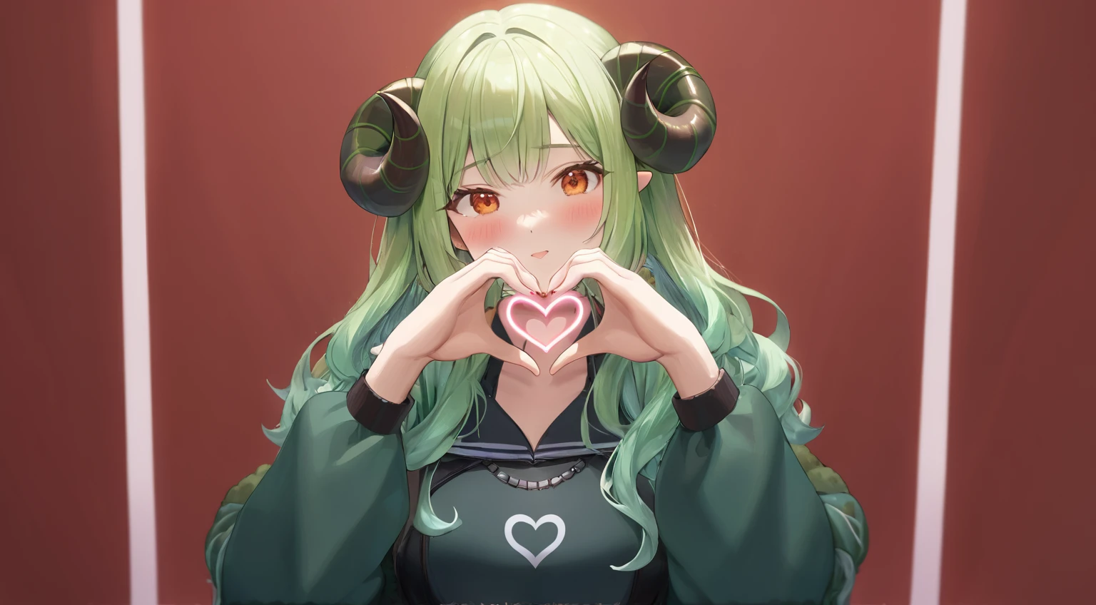 (((masterpiece))), (((best quality))), ((ultra-detailed)), (((heart hands))), hands in front of the face in the pose of the heart, 1girl, green wavy hair, bangs, metal sheep horns, Аhoge Leaf, gradient hair, multicolored hair, light green hair, turquoise hair tips, gradient eyes, orange eyes