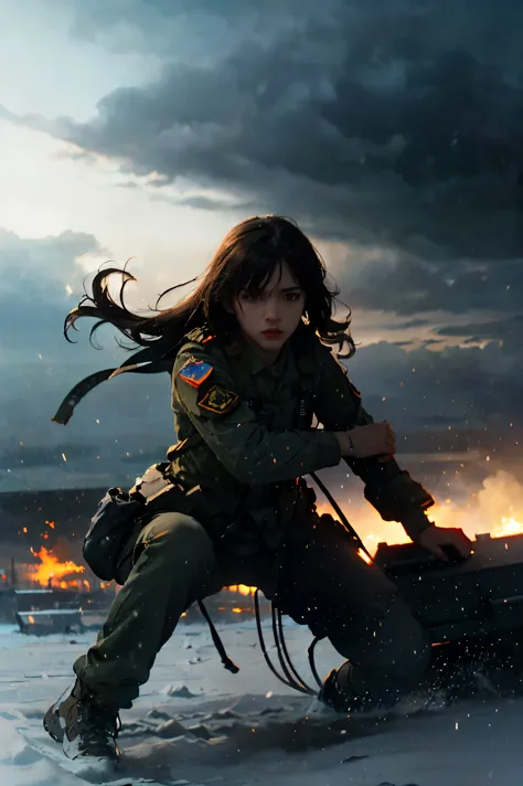 Battlefields of Ukraine、storm、Female soldier in combat uniform fighting tank、, Surrealism, cinematic lighting, UHD, anatomically...