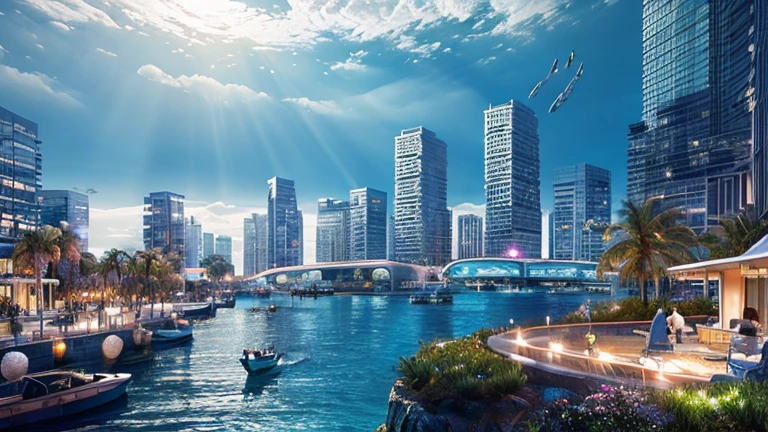 Hyper-realistic digital painting of a futuristic underwater metropolis. Skyscrapers made of glass and bioluminescent materials rise from the ocean floor, connected by transparent tunnels through which people and vehicles travel. Schools of colorful fish and majestic sea creatures swim among the buildings. The city is bathed in a soft, blue light filtering through the water, with vibrant coral reefs and seaweed gardens integrated into the urban landscape. Cinematic composition, trending on ArtStation.