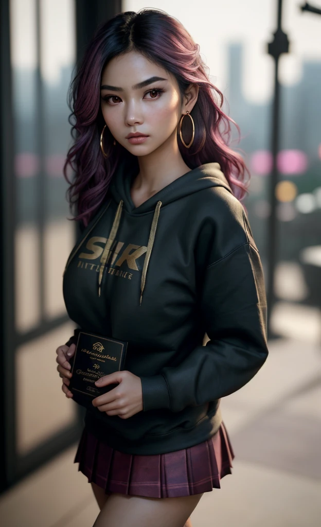 (masterpiece), (extremely intricate:1.3), (realistic), portrait of an Asian girl, small and perfect breasts, the most beautiful in the world, dark eyebrows, wavy pink hair, doe eyes, innocent look, (wearing sweatshirt:1.1), skirt, slim, detailed textures, upper body, classroom, heavy makeup, gold hoop earrings, extra breasts, professional photograph of a stunning woman detailed, looking at the camera, alluring stare, detailed eyes, sharp focus, dramatic, award winning, cinematic lighting, octane render  unreal engine,  volumetrics dtx, (film grain, blurry background, blurry foreground, bokeh, depth of field, motion blur:1.3)