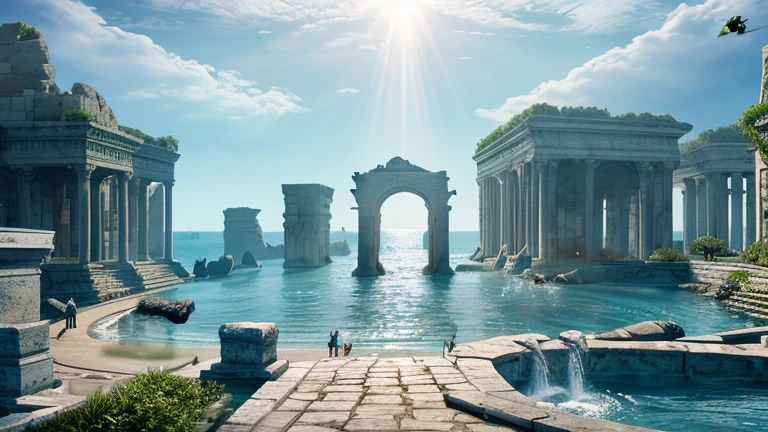 Hyper-realistic digital painting of an ancient sunken city, reminiscent of Atlantis, lying beneath the ocean waves. Crumbling stone temples and statues are covered in marine growth and illuminated by shafts of sunlight penetrating the water. Schools of fish swim through the remnants of grand archways and colonnades, and sea turtles glide gracefully by. The scene is both haunting and beautiful, capturing the mystery and history of the underwater ruins. Cinematic composition, trending on ArtStation.