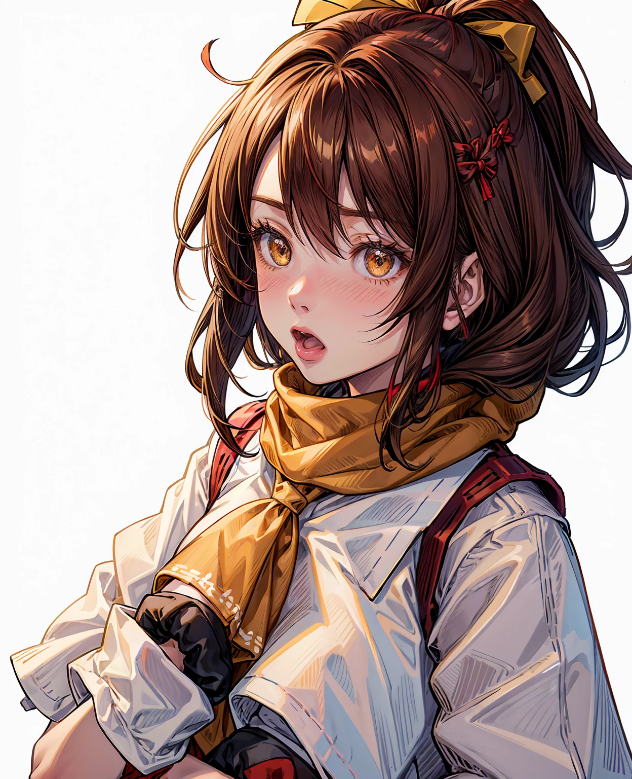 km, 1girl, ascot, blush, bow, brown eyes, brown hair, hair bow, hair tubes, japanese clothes, long hair, mittens, nontraditional miko, one-hour drawing challenge, open mouth, portrait, red bow, red mittens, scarf, sidelocks, simple background, solo, white background, yellow ascot, yellow scarf