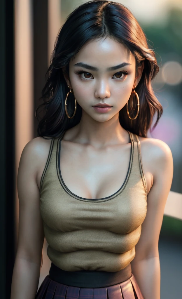 (masterpiece), (extremely intricate:1.3), (realistic), portrait of an Asian girl, small and perfect breasts, the most beautiful in the world, extra breasts, dark eyebrows, wavy pink hair, doe eyes, innocent look, (wearing tank top:1.1), skirt, slim, detailed textures, upper body, classroom, heavy makeup, gold hoop earrings, extra breasts, professional photograph of a stunning woman detailed, looking at the camera, alluring stare, detailed eyes, sharp focus, dramatic, award winning, cinematic lighting, octane render  unreal engine,  volumetrics dtx, (film grain, blurry background, blurry foreground, bokeh, depth of field, motion blur:1.3)